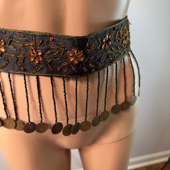 Belly dance Beaded Coin Belt Brown Gold Floral Embroidered Boho Hip Scarf Tier - Picture 3 of 8